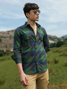 Campus Sutra - Mens Forest Green Check Utility Shirt