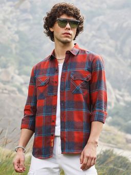 Campus Sutra - Mens Scarlet Red Buffalo Check Utility Shirt