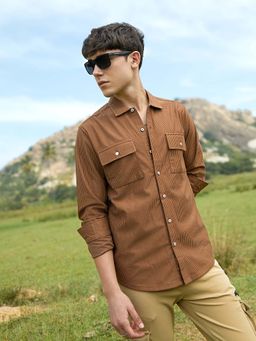 Campus Sutra - Mens Tawny Brown Solid Ribbed Utility Shirt