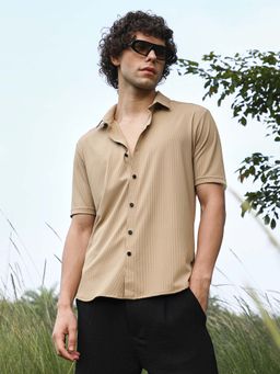 Campus Sutra - Mens Buff Beige Textured Knit Shirt