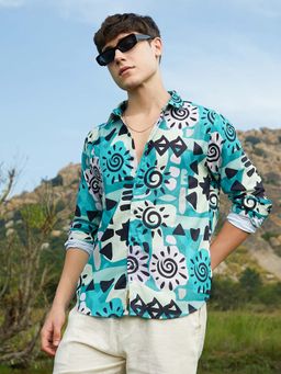 Campus Sutra - Mens Turquoise Abstract Imprint Shirt