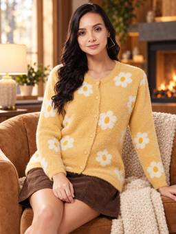 Modeve - Womens Floral Round Neck Casual Yellow Cardigan