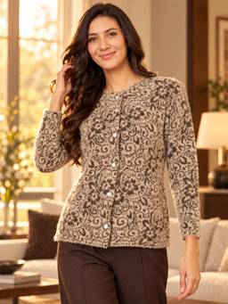 Modeve - Womens Beige Floral Print Round Neck Winter Cardigan