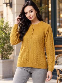 Modeve - Mustard Self Design Round Neck Casual Cardigan