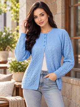 Modeve - Blue Self Design Round Neck Casual Cardigan