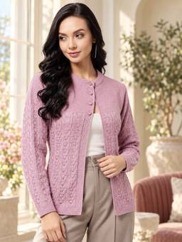 Modeve - Pink Self Design Round Neck Casual Cardigan