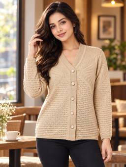 Modeve - Womens Beige Self Design Long Sleeves Winter Cardigan