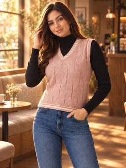 Modeve - Womens Pink V Neck Casual Sweater