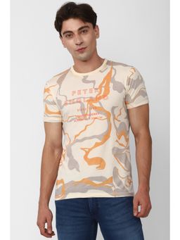 Peter England - Men Beige Print Crew Neck T-Shirt