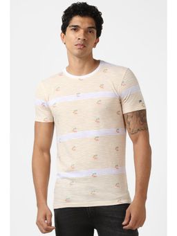 Peter England - Men Beige Stripe Crew Neck T-Shirt