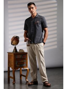 Eszett - Race-Horse Embroidery Textured Fabric Cuban Grey Shirt