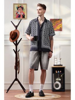 Eszett - Square Print Cotton Cuban Black Shirt