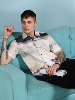 Eszett - Men White Self Design Half Sleeves Casual Shirt
