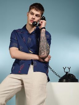 Eszett - Men Navy Blue Self Design Half Sleeves Casual Shirt