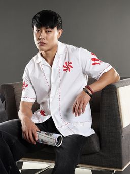 Eszett - Men Self Design White Half Sleeves Casual Shirt