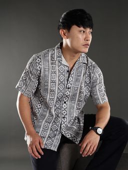 Eszett - Men Grey Self Design Half Sleeves Casual Shirt