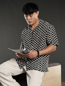 Eszett - Men Black Self Design Half Sleeves Casual Shirt