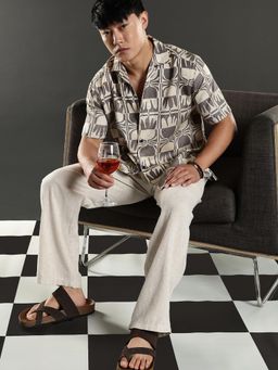 Eszett - Beige Men Self Design Half Sleeves Casual Shirt