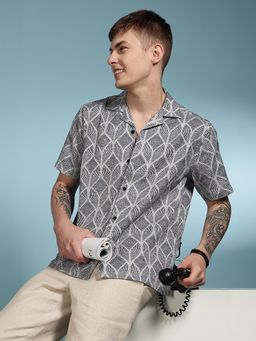 Eszett - Men Grey Self Design Half Sleeves Casual Shirt