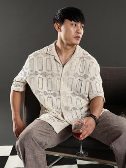 Eszett - Men Beige Self Design Half Sleeves Casual Shirt