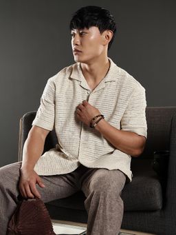 Eszett - Men Beige Self Design Half Sleeves Casual Shirt