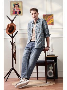 Eszett - Men Blue Polyester Checks Casual Shirt