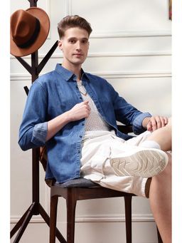 Eszett - Men Blue Plain Full Sleeves Casual Shirt