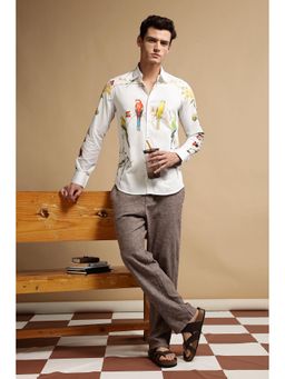 Eszett - Men Cream Self Design Full Sleeves Casual Shirt