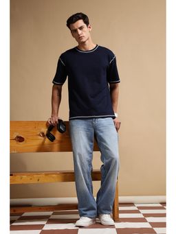 Eszett - Men Navy Blue Cotton Plain Contrast Stitch Oversized T-Shirt