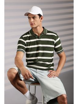 Eszett - Men Olive Cotton Stripes Classic Polo Shirt