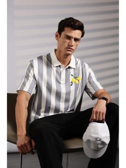 Eszett - Men Grey Cotton Stripes Lemon Polo Shirt