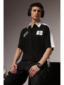 Eszett - Men Black Cotton Printed Oversized Fit Polo T-Shirt