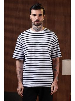Eszett - Men's White Cotton Stripes Oversized Fit T-Shirt