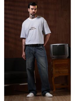 Eszett - Men White Cotton Stripes Oversized Fit T-Shirt