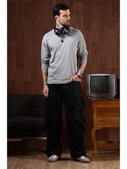 Eszett - Men's Grey Cotton Plain Oversized Fit T-Shirt