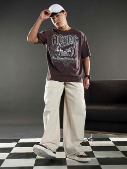 Eszett - Grey Men's Printed Acdc Canon Washed Oversized T-Shirt