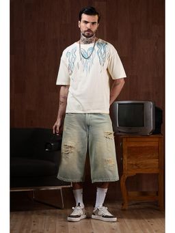 Eszett - Men's Printed Flames Cream Oversized T-Shirt