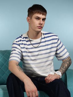 Eszett - White Men's Printed Stripes Gradient Oversized T-Shirt