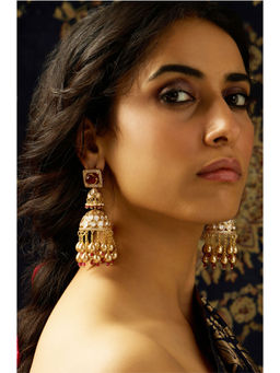 Joules By Radhika - Red Kundan Polki Pearl Jhumka Earrings