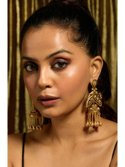 Joules By Radhika - Gold Royal Peacock Cascade Jhumka Earrings