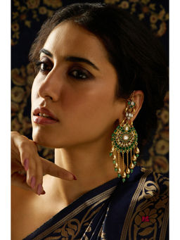 Joules By Radhika - Rajwadi Green Glory Kundan Stone Chandbali Earrings
