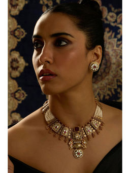 Joules By Radhika - Red Stone and White Pearl Fusion Necklace Set