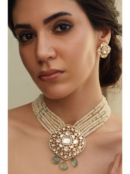 Joules By Radhika - Green Stone Polki Bead and Pearl Necklace Set