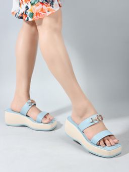 ELLE - Blue Slip-On Square Toe Women Party Sandal Heels