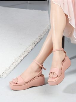 ELLE - Peach Buckle Square Toe Women Party Sandal Heels