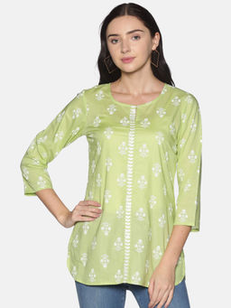 Saffron Threads - Pastel Green Dahlia Tunic with Embroidered Placket