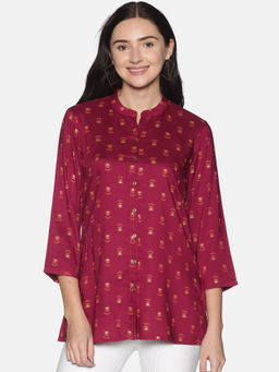 Saffron Threads - Burgundy Abstract Gold Print Button-Down Tunic