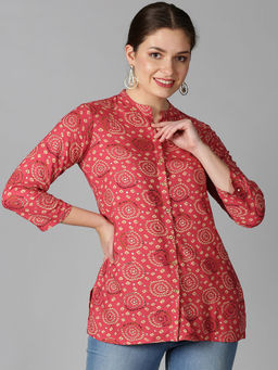 Saffron Threads - Coral Rayon Bandhani Printed Button-Down Tunic