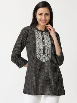 Saffron Threads - Black Leheriya Print Tunic with Lucknow Chikankari Embroidery