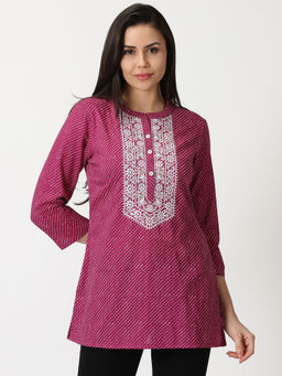 Saffron Threads - Wine Leheriya Print Tunic with Lucknow Chikankari Embroidery